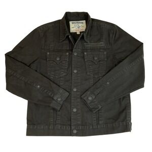 True Religion Trucker Jacket Mens XL Ascot Denim Leather Patch Snap Flap Pockets